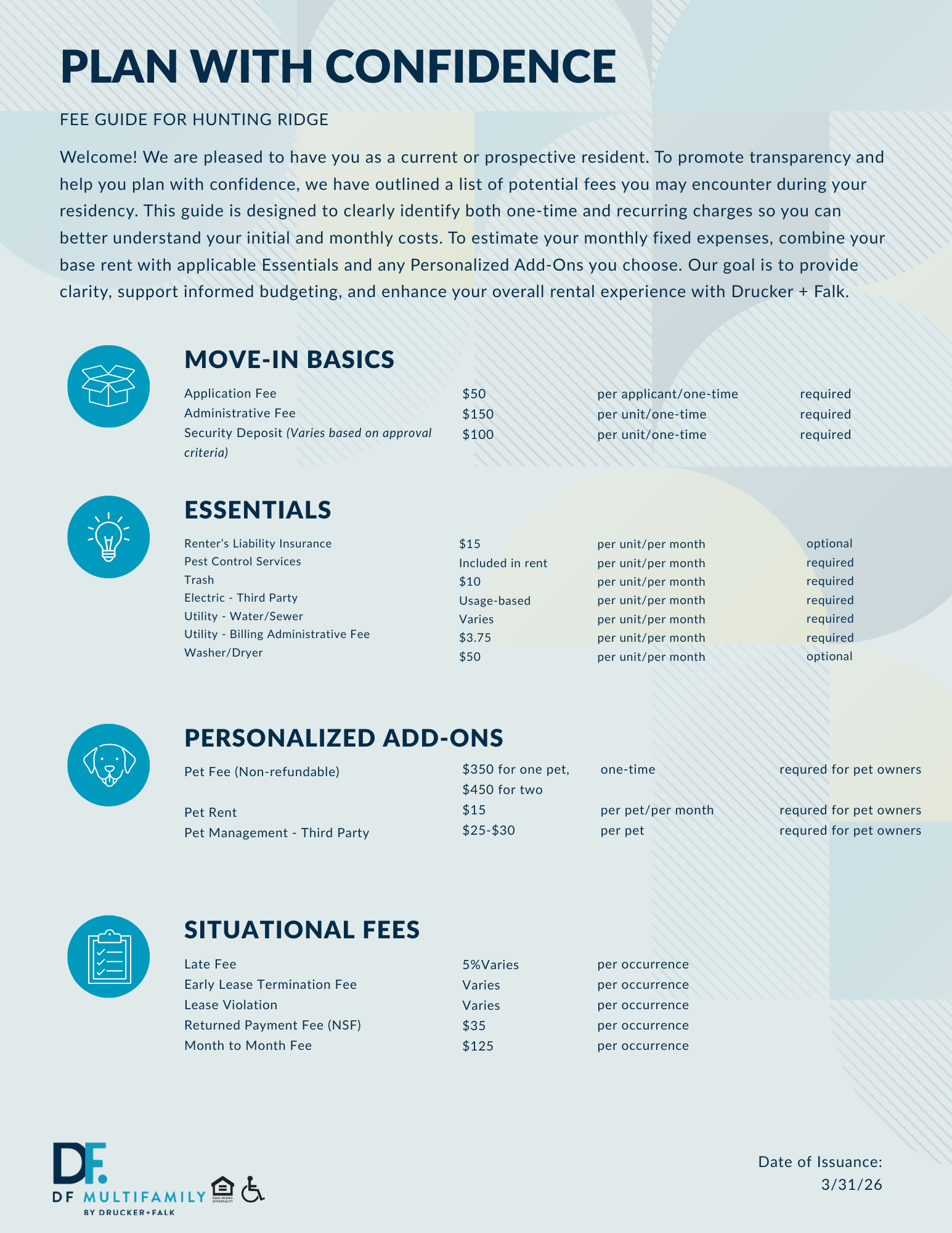 Fee Guide for Hunting Ridge - Please call our leasing office for more details
